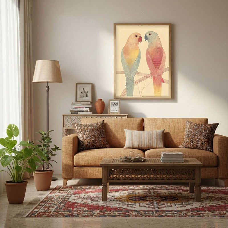 Lovebirds Illustration Canvas Wall Painting With Brown Frame
