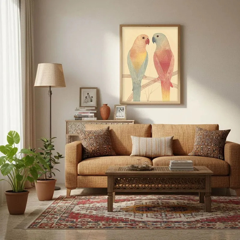 Lovebirds Illustration Canvas Wall Painting With Brown Frame media 1
