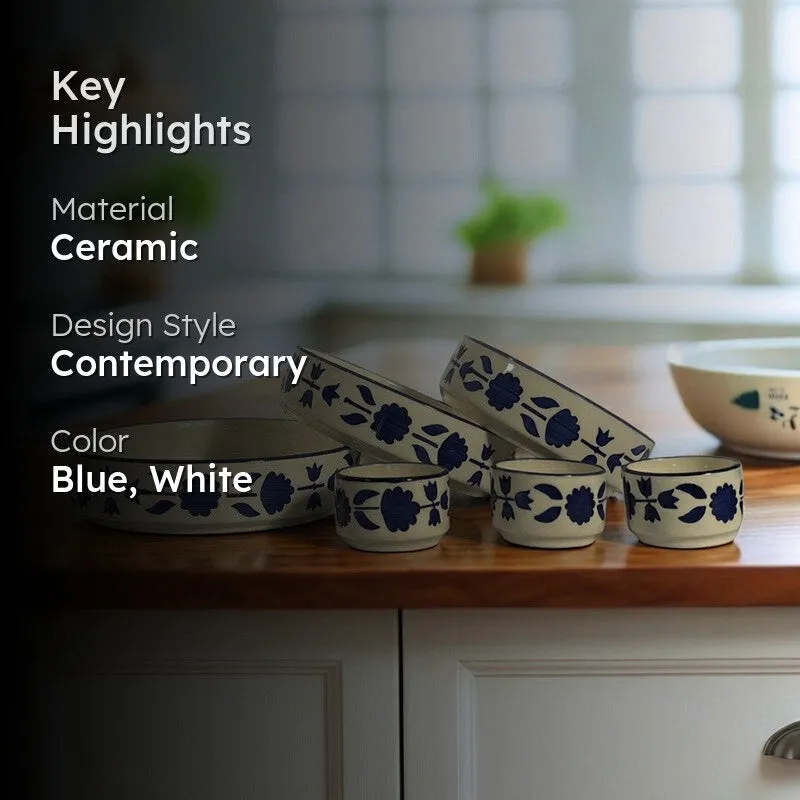 Desi Chic Ceramic Snack Bowls (Blue,White, 300 mL Each) - Set Of Six media 2