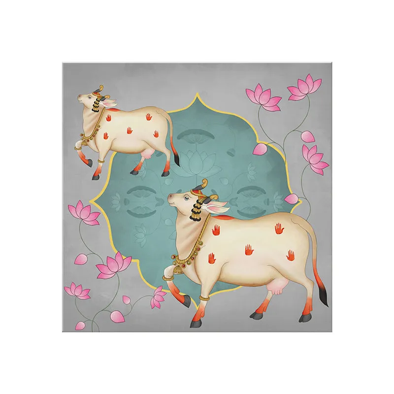 Pichwai Cow And Calf In Lotus Pond Wall Painting media 5