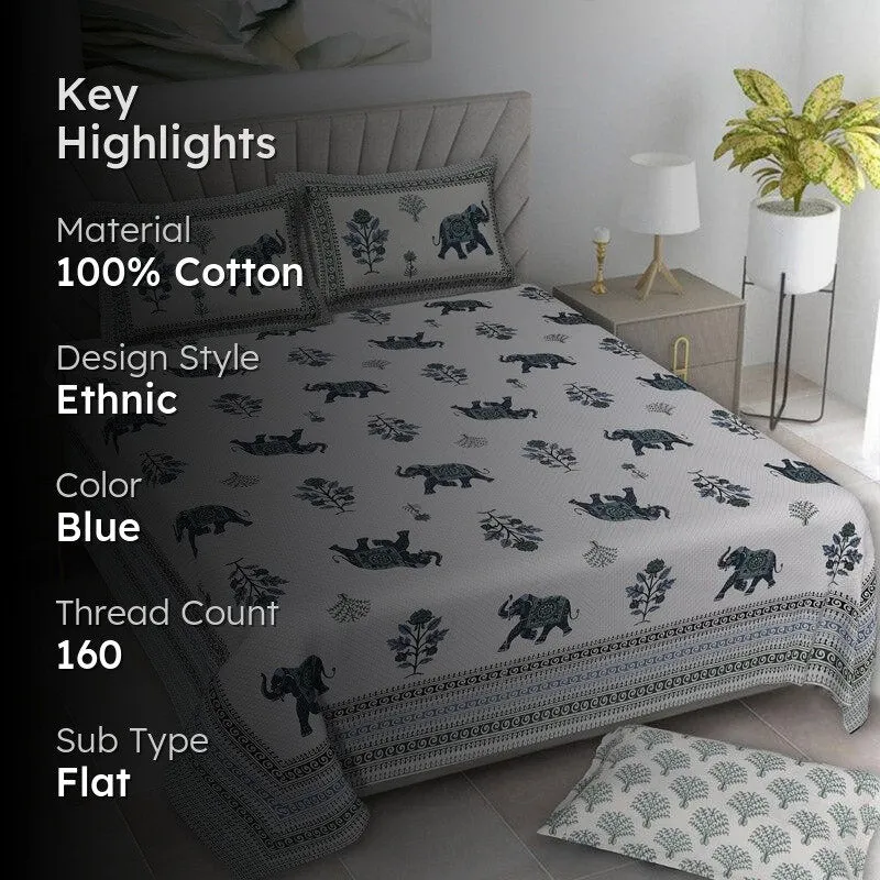 Gajesara Ethnic Cotton Bedsheet (Blue) - 160 TC media 2