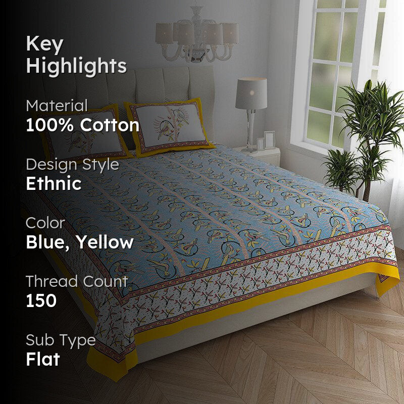 Tara Tranquility Ethnic Cotton Bedsheet (Blue & Yellow) - 150 TC media 2