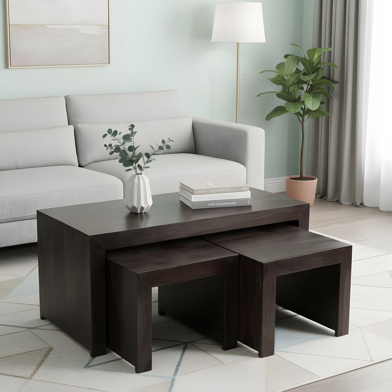 Davenox Sheesham Wooden Center Table with Stools (Dark Brown) - Three Piece Set