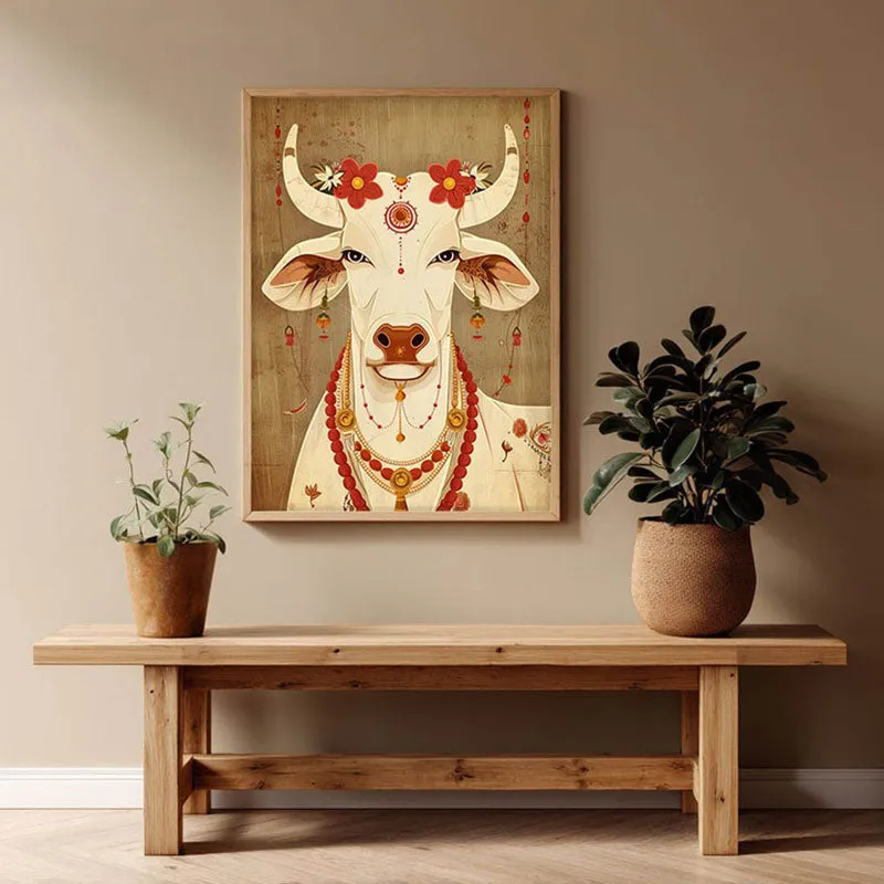 Sacred Cow Folk Art Canvas Wall Painting With Brown Frame media 7