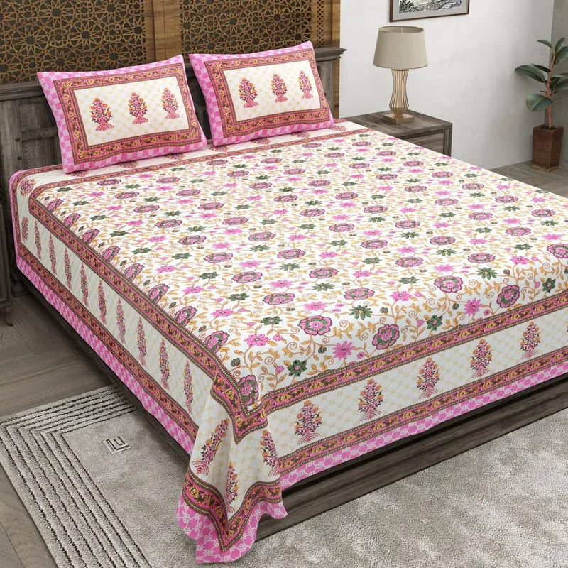 Gridon Cotton Bedsheet (Pink,Beige) - 240 TC media 1