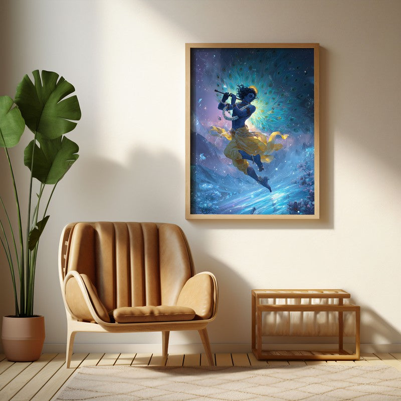 Lord Krishnas Cosmic Divine Dance Archival Paper Wall Art - Natural Brown Frame
