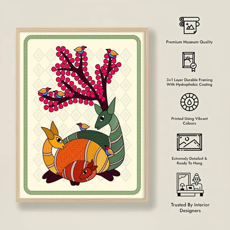 Deer In Color Framed Madhubhani Canvas Archival Canvas Wall Painting - Natural Brown Frame media 8