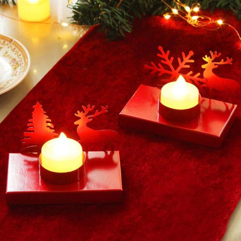 Snowy Glow Tealight Candle Holder (Red) - Set Of Two