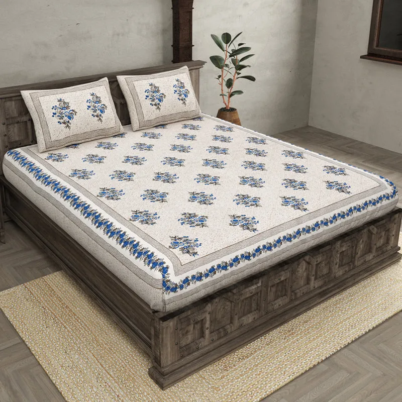 Ahana Floral Printed Cotton Bedsheet (Blue) - 144 TC media 1