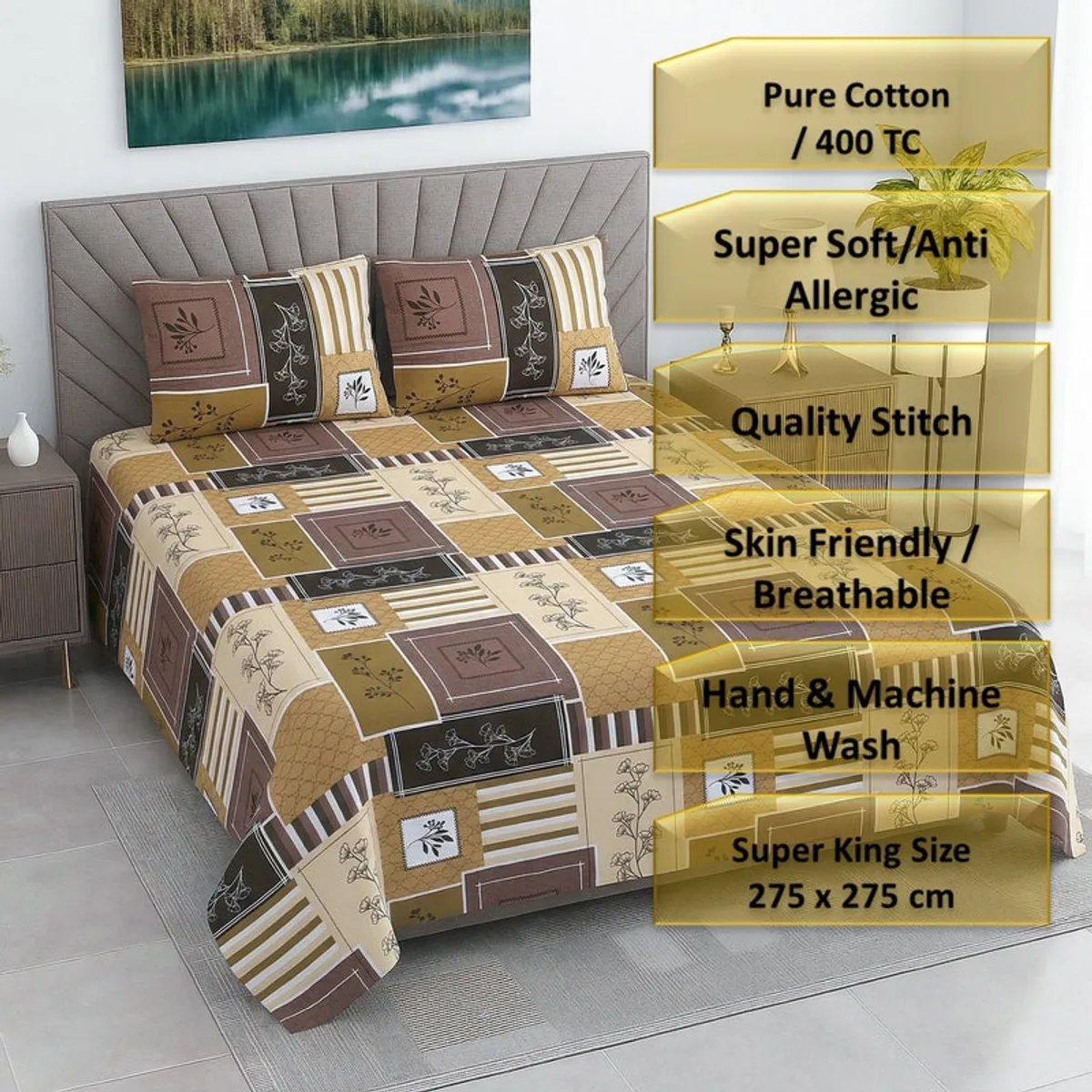 Styled bed with the printed bedsheet and promotional text overlay