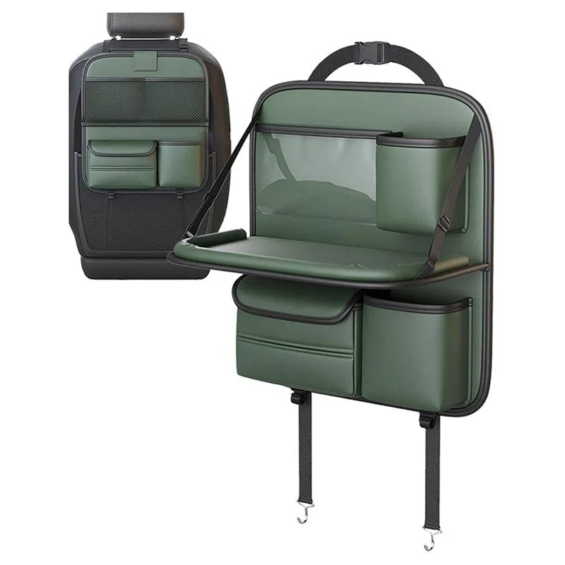 Sleek Seat Leather Car Seat Organizer With Foldable Tray - Green media 9