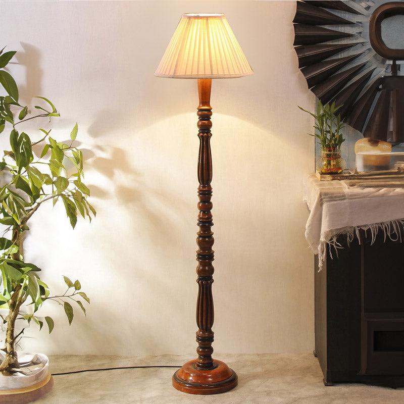 Masiya Vintage Wooden Floor Lamp With Plated Shade - Off-White