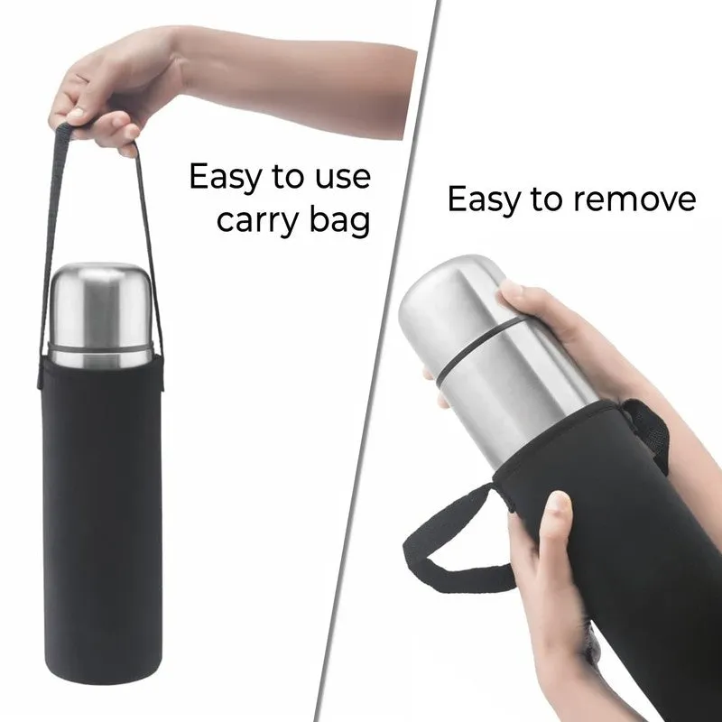 Silver bottle inside a black carry bag with shoulder strap