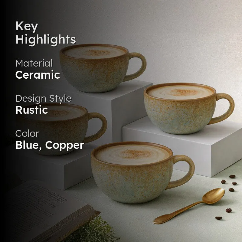 Cuddle Ceramic Tea Cup (250 mL Each),Blue,Copper) - Set Of Four media 2