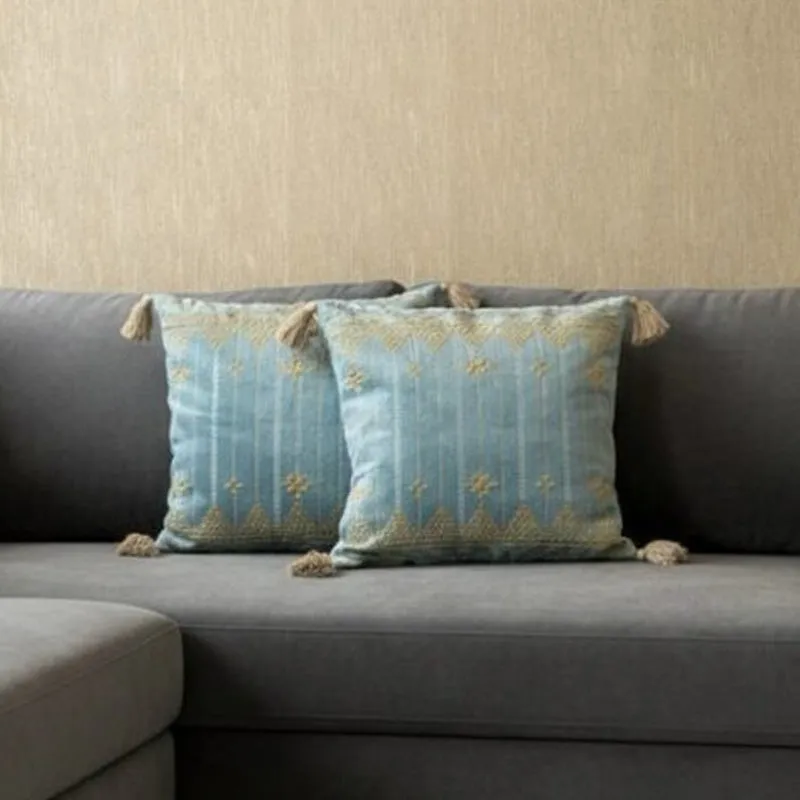 Azure Golden Bloom Embroidered Cushion Cover - Set Of Two media 3