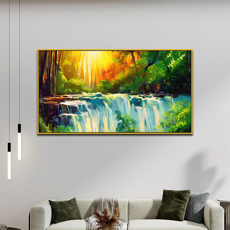 Sunlit Forest Waterfall Landscape Canvas Wall Painting With Frame - Gold media 5