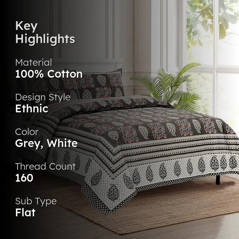 Gulzar Heritage Floral Cotton Bedsheet (Grey & White) - 160 TC media 2