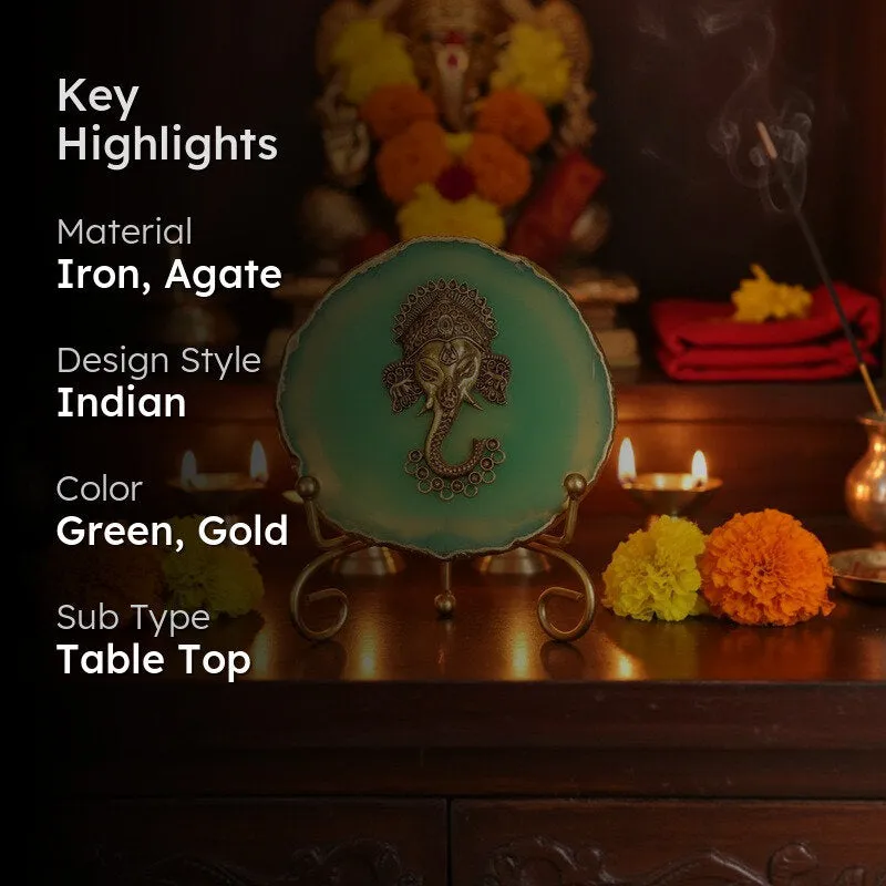 Ganesha Grace Agate Showpiece With Stand - Green media 2