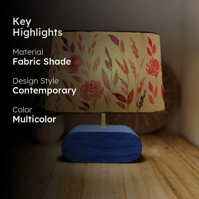 Lit floral fabric table lamp with key highlights graphic overlay