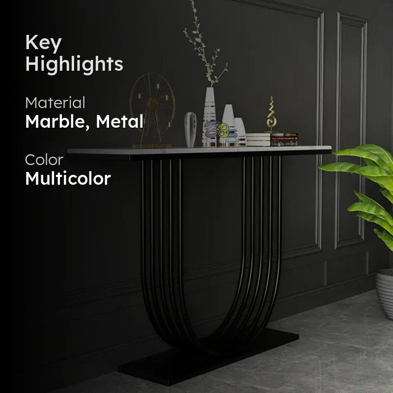 U Shape Metal Console Table with Marble Top (Black) - Small media 2