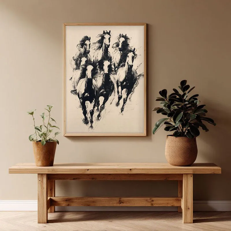 Wild Horses Wall Painting With Brown Frame media 1
