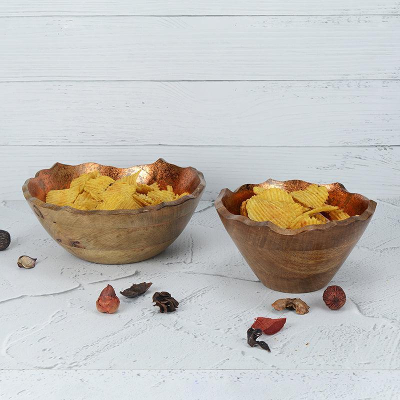 Reflective Grain Copper Foiled Wood Bowl (1600 & 1000 ML) - Set Of Two