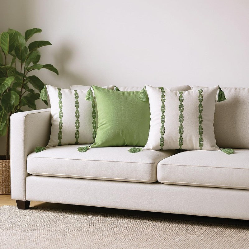 Urban Space Embroidered White,Green Cotton Cushion Cover Set - Set of Three