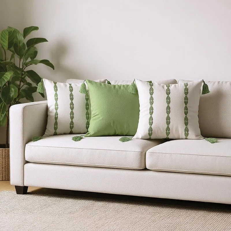 Urban Space Embroidered White,Green Cotton Cushion Cover Set - Set of Three media 1