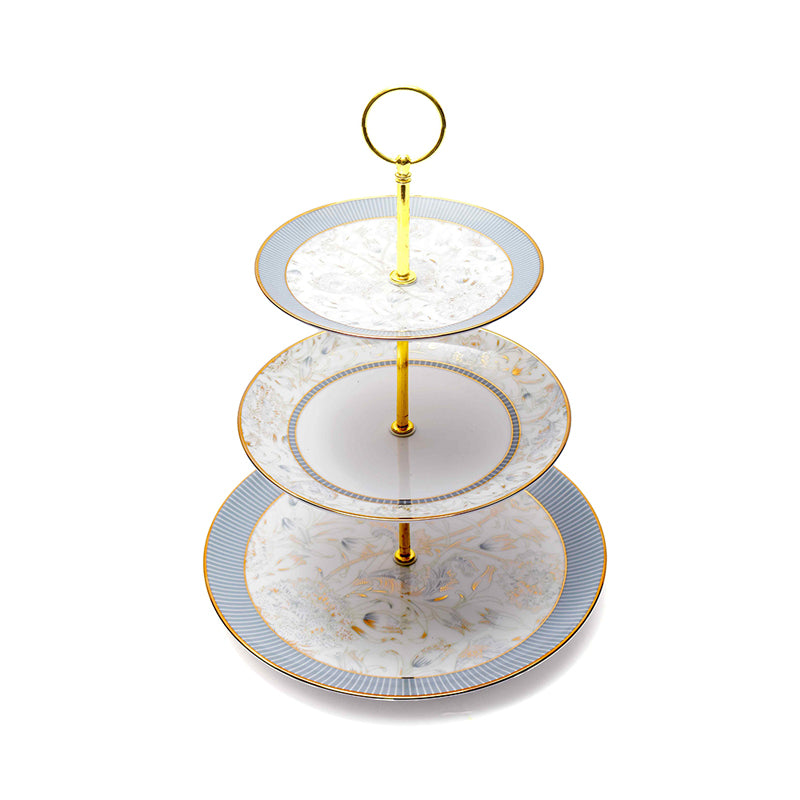 Gilded Iris 3-Tiered Porcelain Dessert Stand - Grey