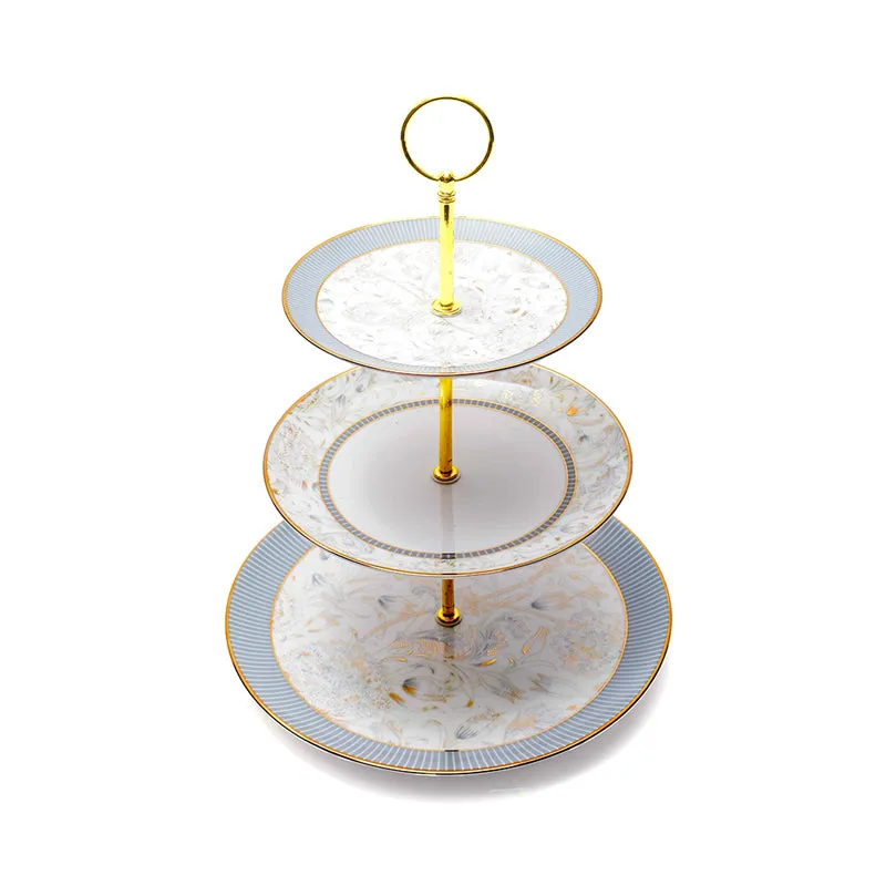 Gilded Iris 3-Tiered Porcelain Dessert Stand - Grey media 1
