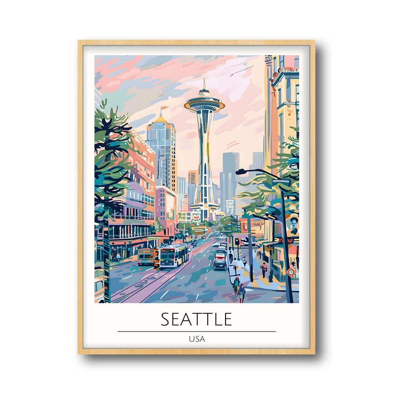 Vintage Seattle Framed Canvas Archival Canvas Wall Painting - Natural Brown Frame media 5