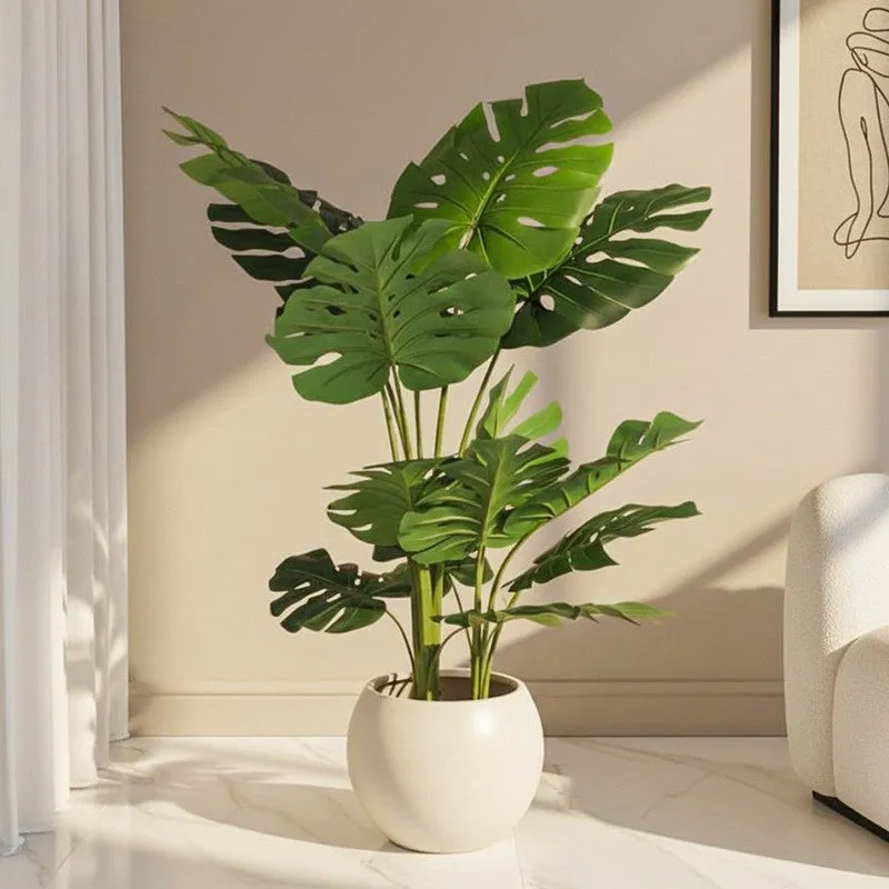 Faux Lush Monstera Plant With Black Plastic Pot - 4 Feet media 1