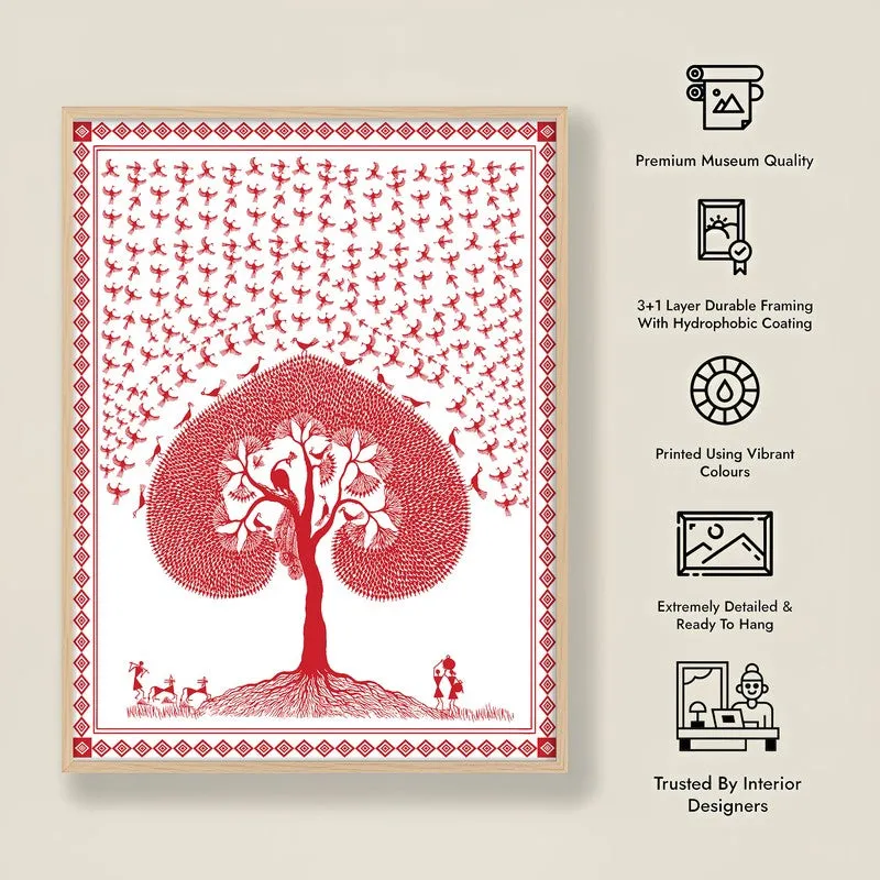 Rosy Grove Framed Warli Canvas Archival Canvas Wall Painting - Natural Brown Frame media 8