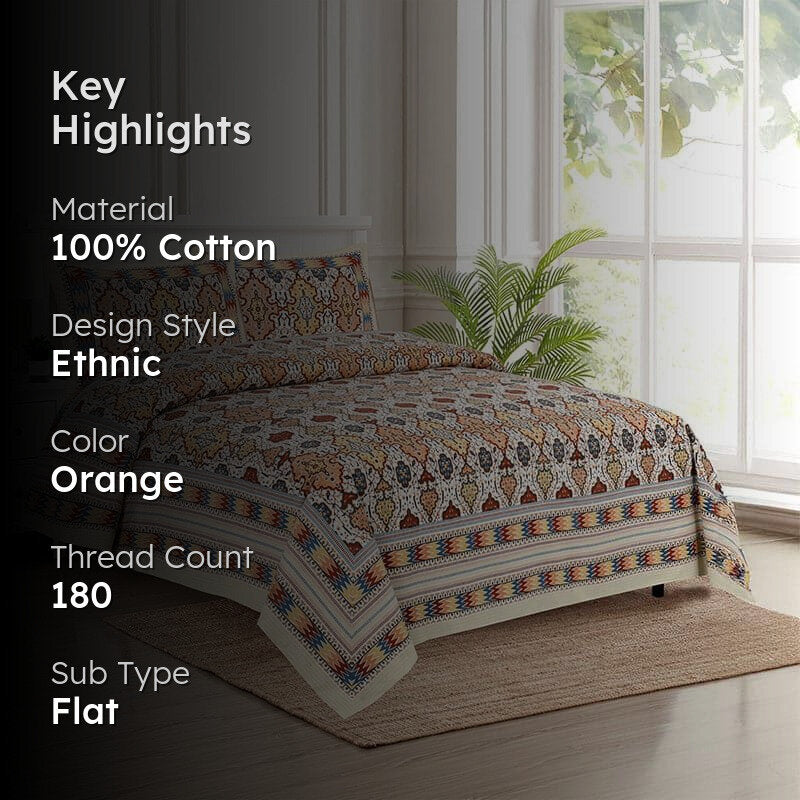 Baneeta Ethnic Bedshhet - Orange & Yellow Cotton Bedsheet - 180 TC media 2