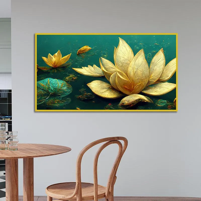 Gilded Ivory Lotus Floral Canvas Wall Painting With Frame - Gold media 3