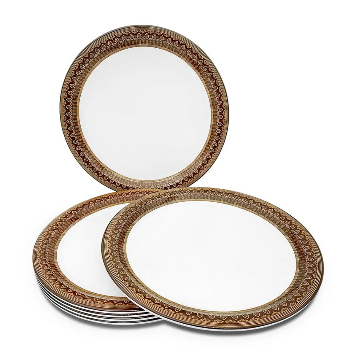 Six round white quarter plates arranged in stacks with ornate brown and gold patterned rims.