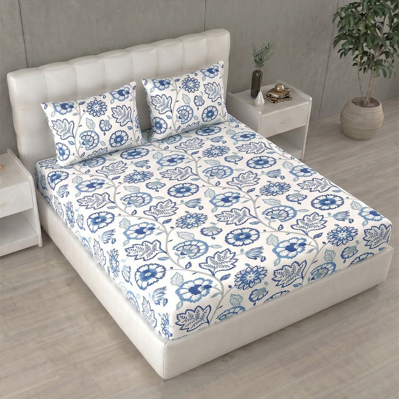 Slumba Printed Pure Cotton Bedsheet (White,Blue) - 144 TC - King
