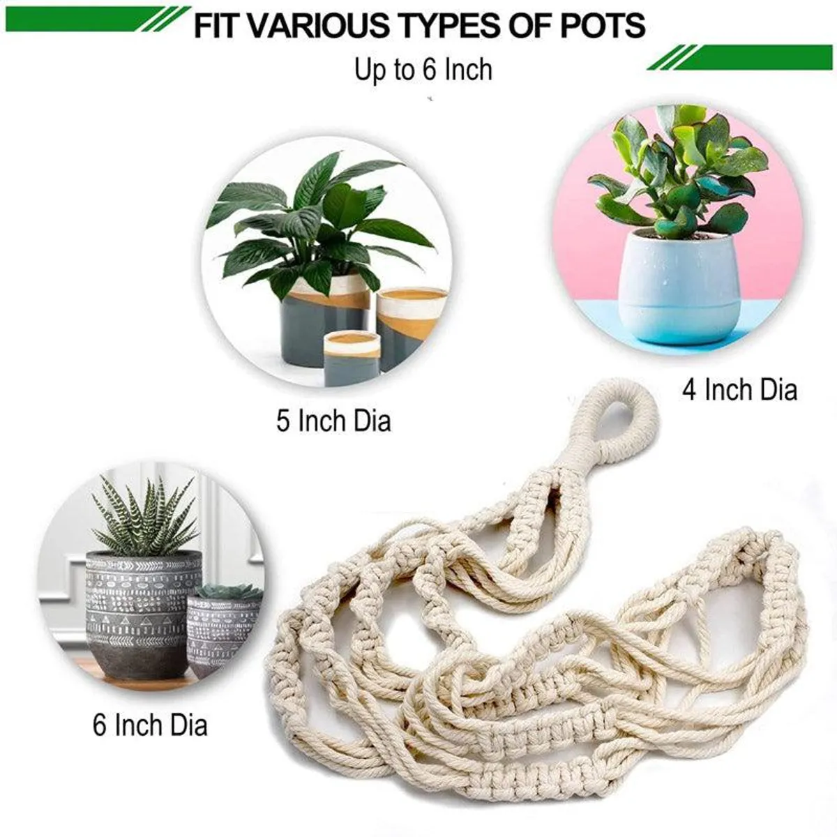 Coiled white macrame plant hanger shown with example pots in different sizes
