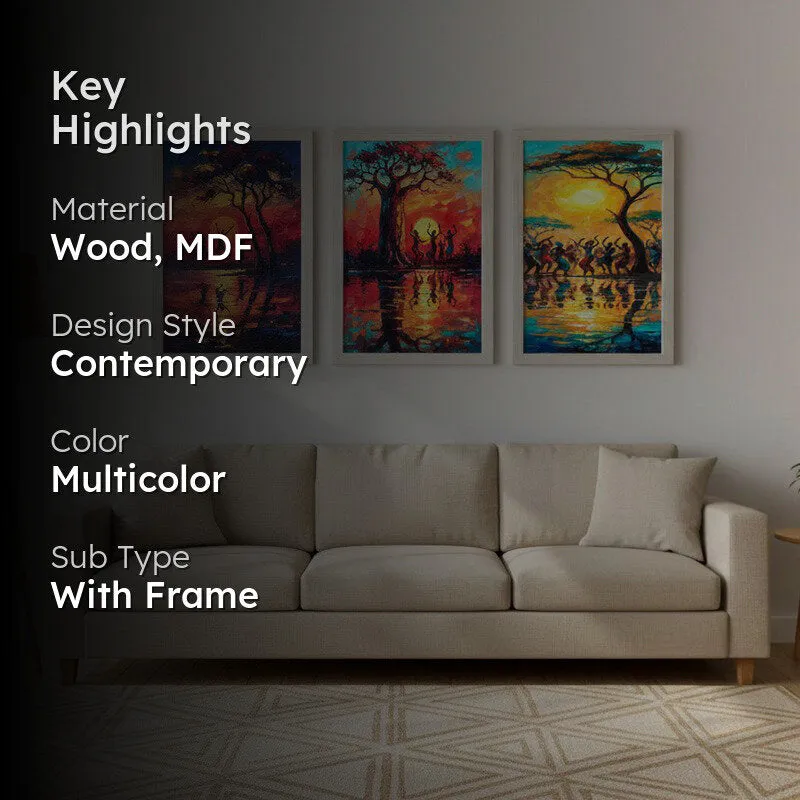 Serengeti Sunset Inspired Wall Painting With Frame - Set Of Three media 2