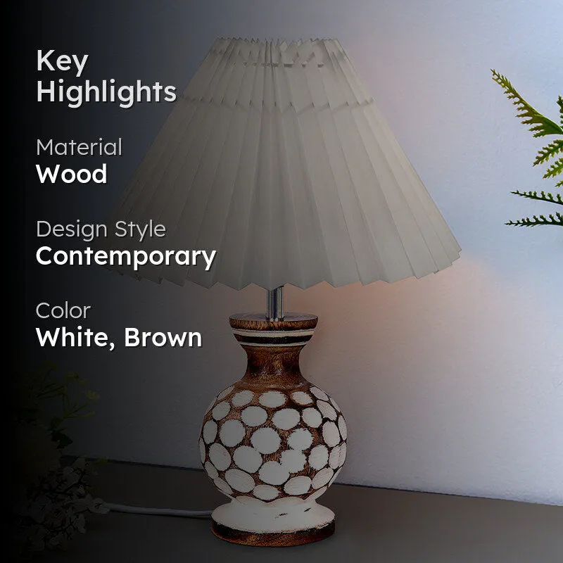 French Pleat Bubble Wooden Table Lamp - White,Brown media 2