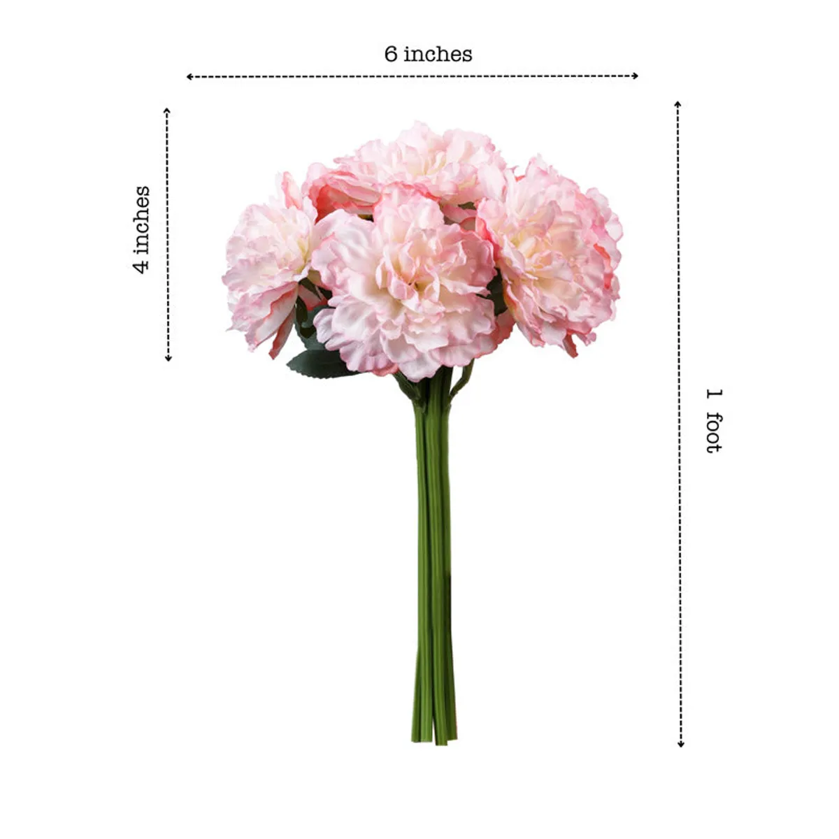 Artificial peony bouquet shown on a white background with printed size markings
