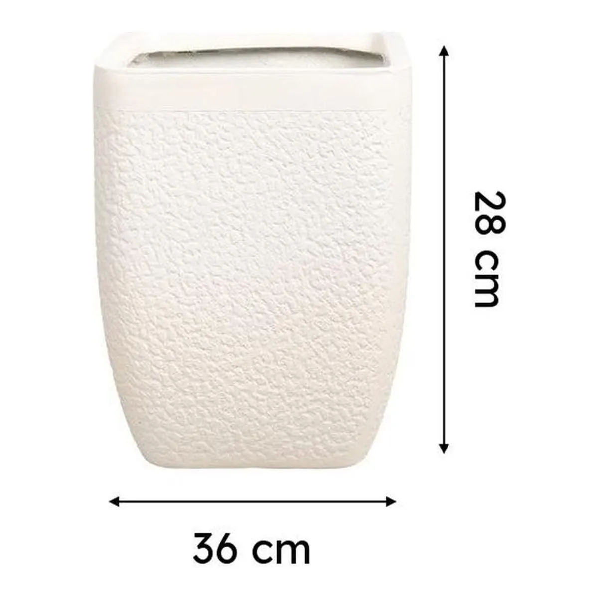 White planter shown with measurement arrows in a product image