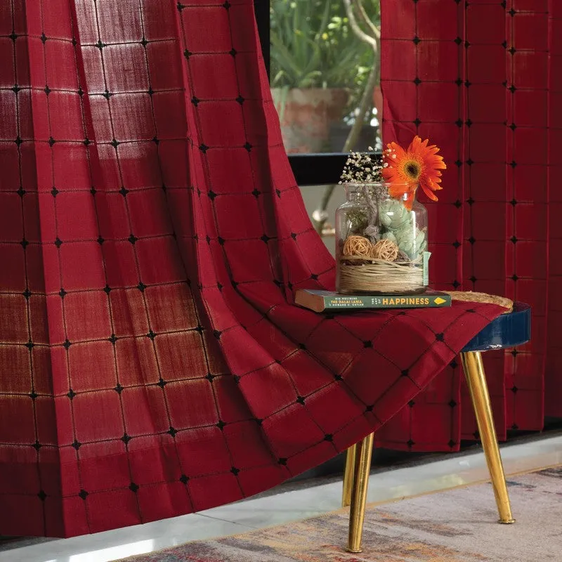 Pixel Checks Cotton Curtain - Maroon media 1