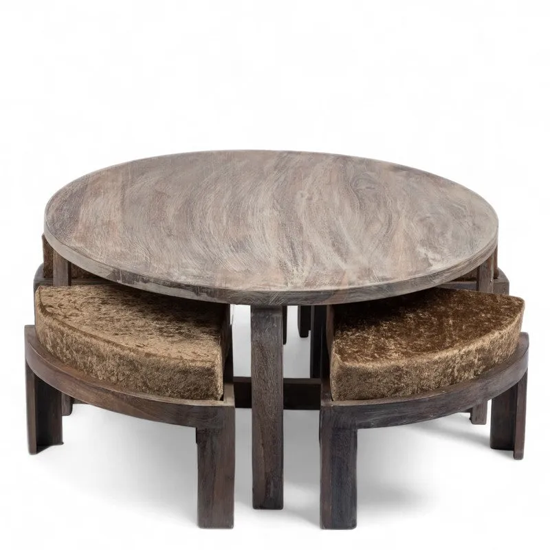 Jervon Sheesham Wooden Center Table with Stools and Cushions (Grey) - Nine Piece Set media 8