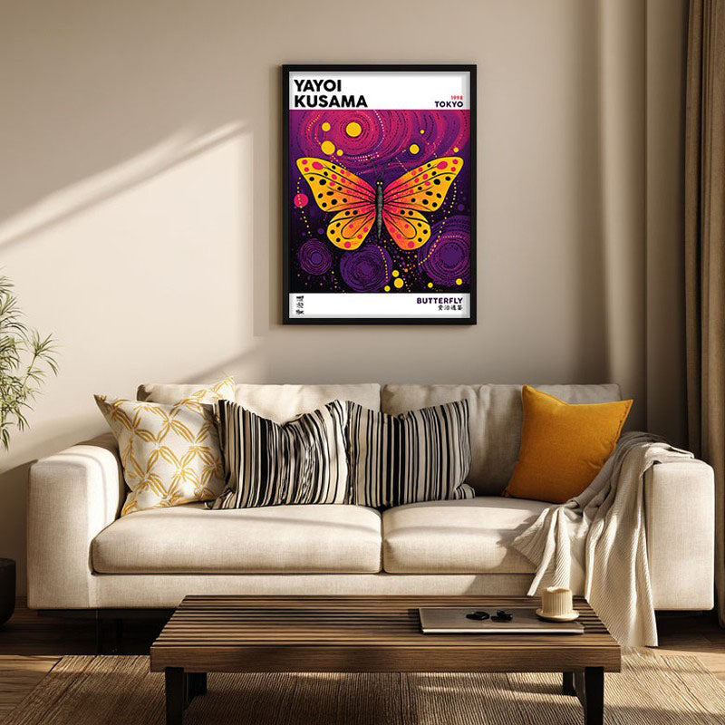 Butterfly Inspired by Yayoi Kusama Archival Canvas Wall Art - Black Frame