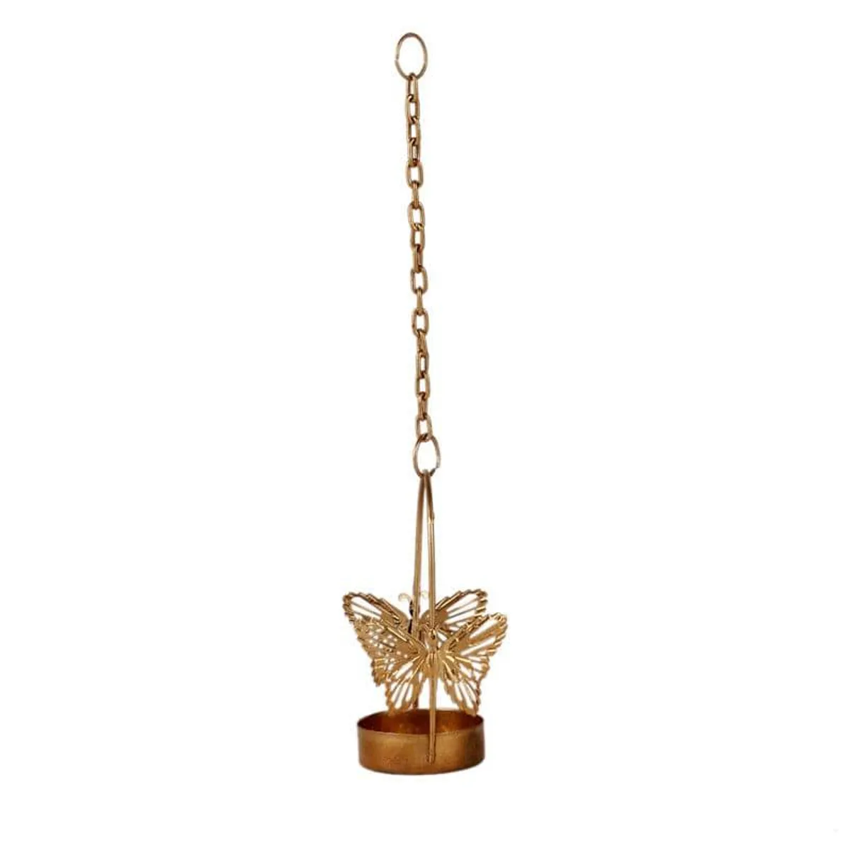 Gold hanging tealight holder with butterfly cutouts and a chain