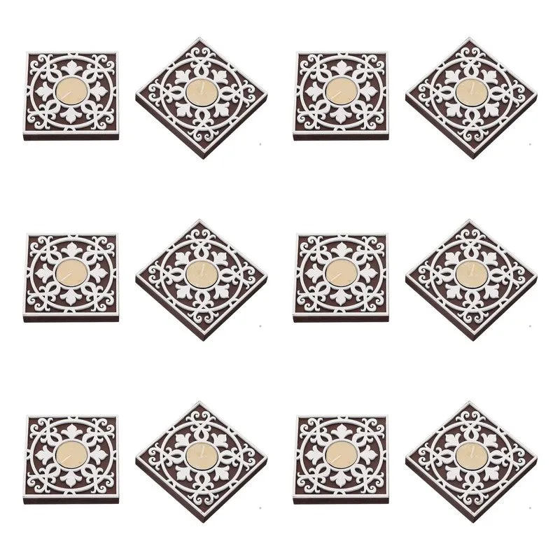 Eight square tea light holders shown from above on a white background