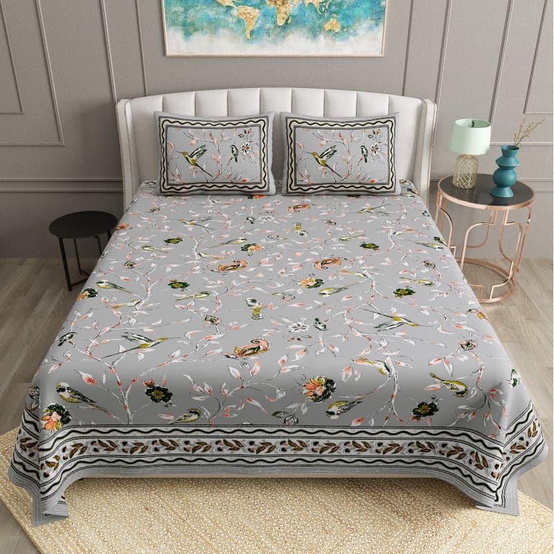 Birdie Orchard Floral Cotton Bedsheet (Grey) - 124 TC media 3