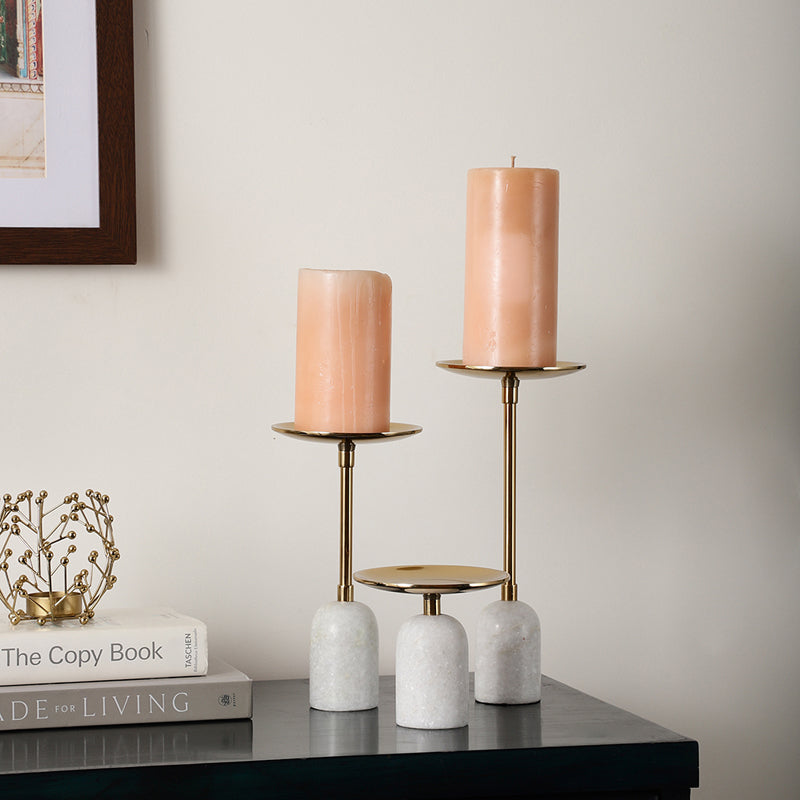 Obra Pillar Candle Holder (Gold & Beige) - Set Of Three