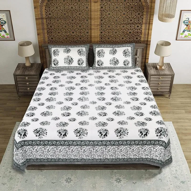 Bhuja Floral Cotton Bedsheet (Grey) - 144 TC media 1